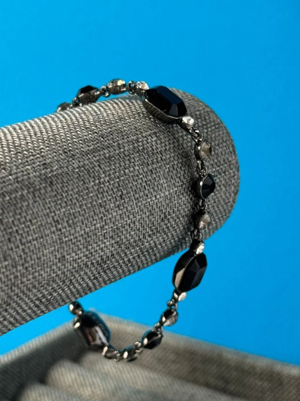 Givenchy Gunmetal Tone Black & Clear Crystal Link Bracelet 7